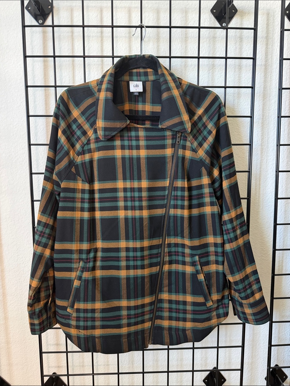 CAbi Black Plaid Bomber Jacket with Green & Tan Accents